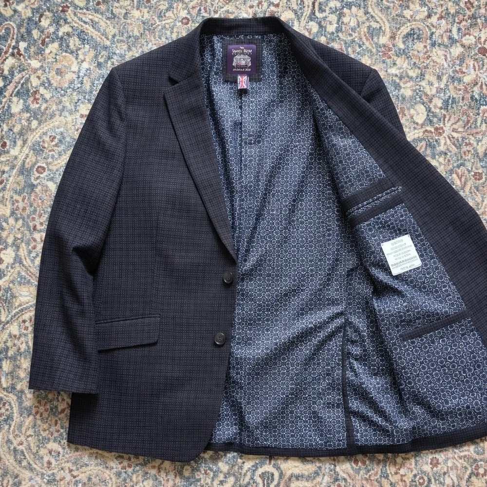 Savile Row Hoxton Blazer‎ 44L Blue Check Sport Coat Stretch Modern Smart Casual